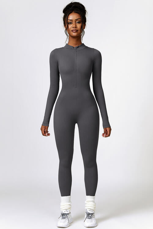 Half Zip Long Sleeve Active Jumpsuit - Envie Attire