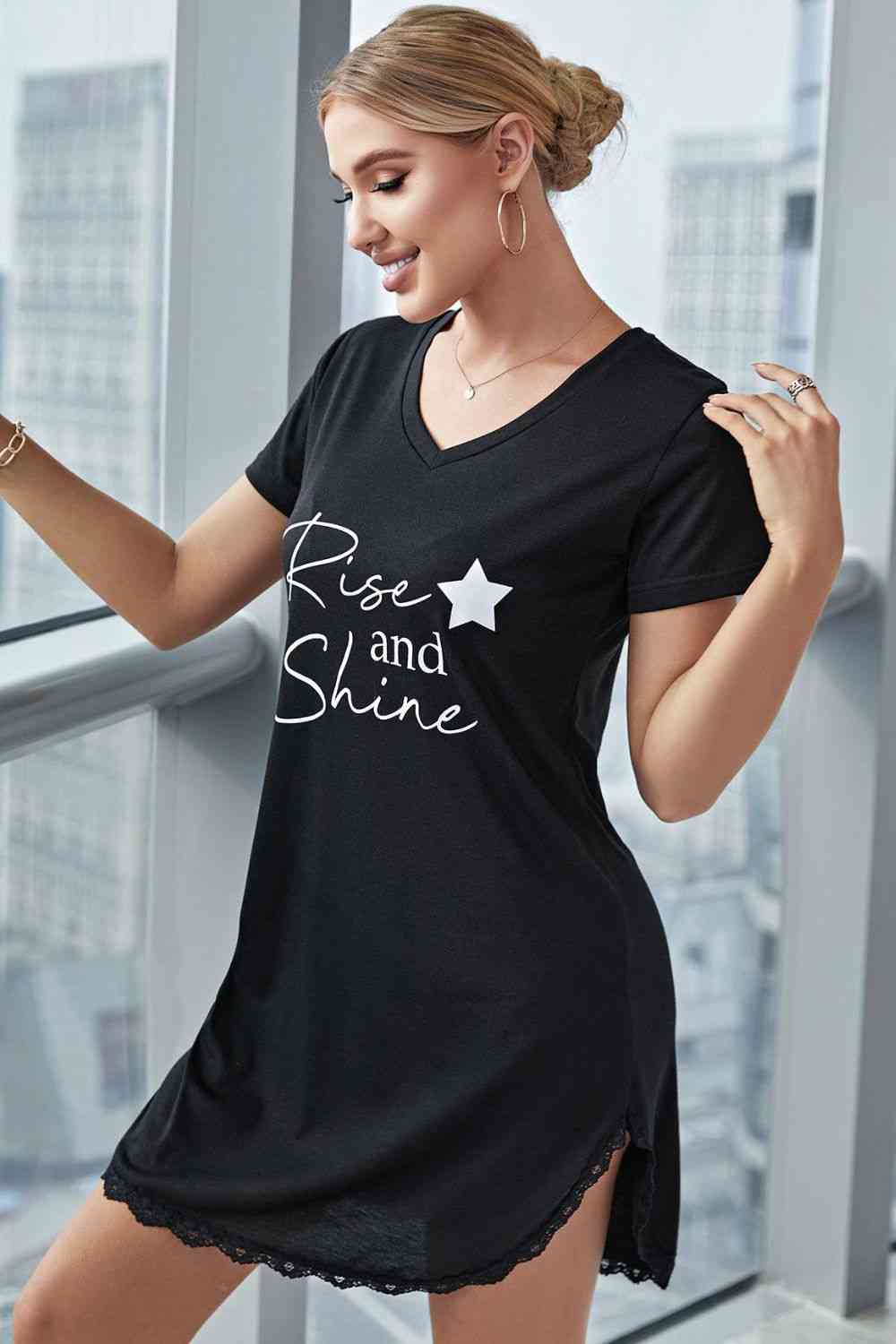 RISE AND SHINE Contrast Lace V-Neck T-Shirt Dress - Envie Attire
