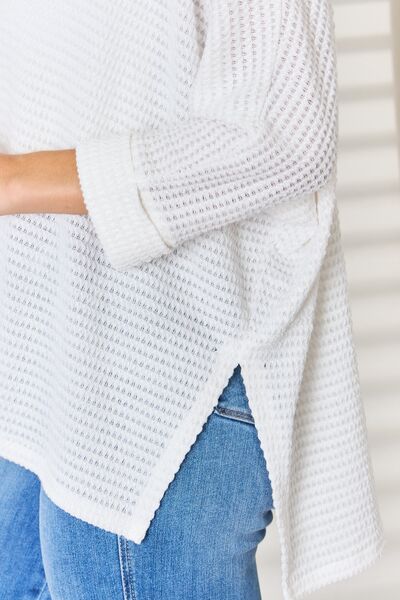 Zenana Full Size Waffle Knit V-Neck Long Sleeve Slit Top - Envie Attire