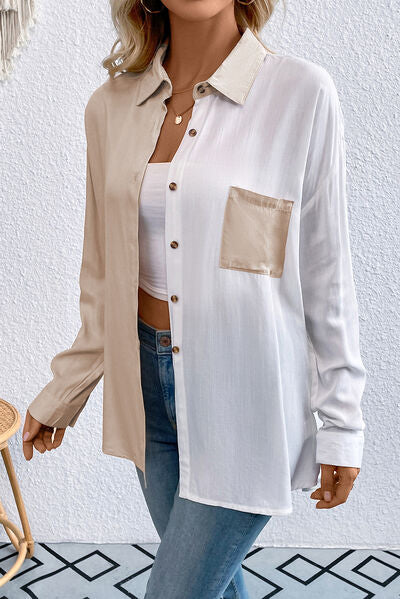 Pocketed Contrast Button Up Long Sleeve Shirt - Envie Attire