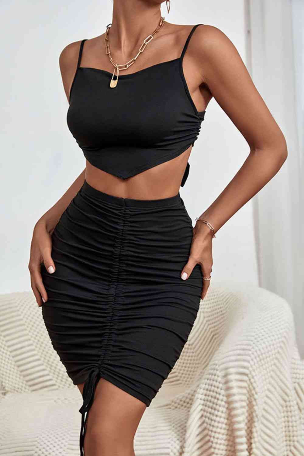 Spaghetti Strap Cropped Top and Ruched Skirt Set - Envie Attire